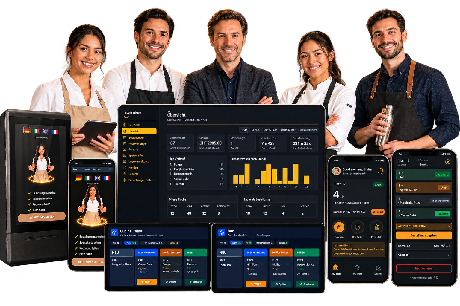 LocalX Gastro — restaurant team with all screens